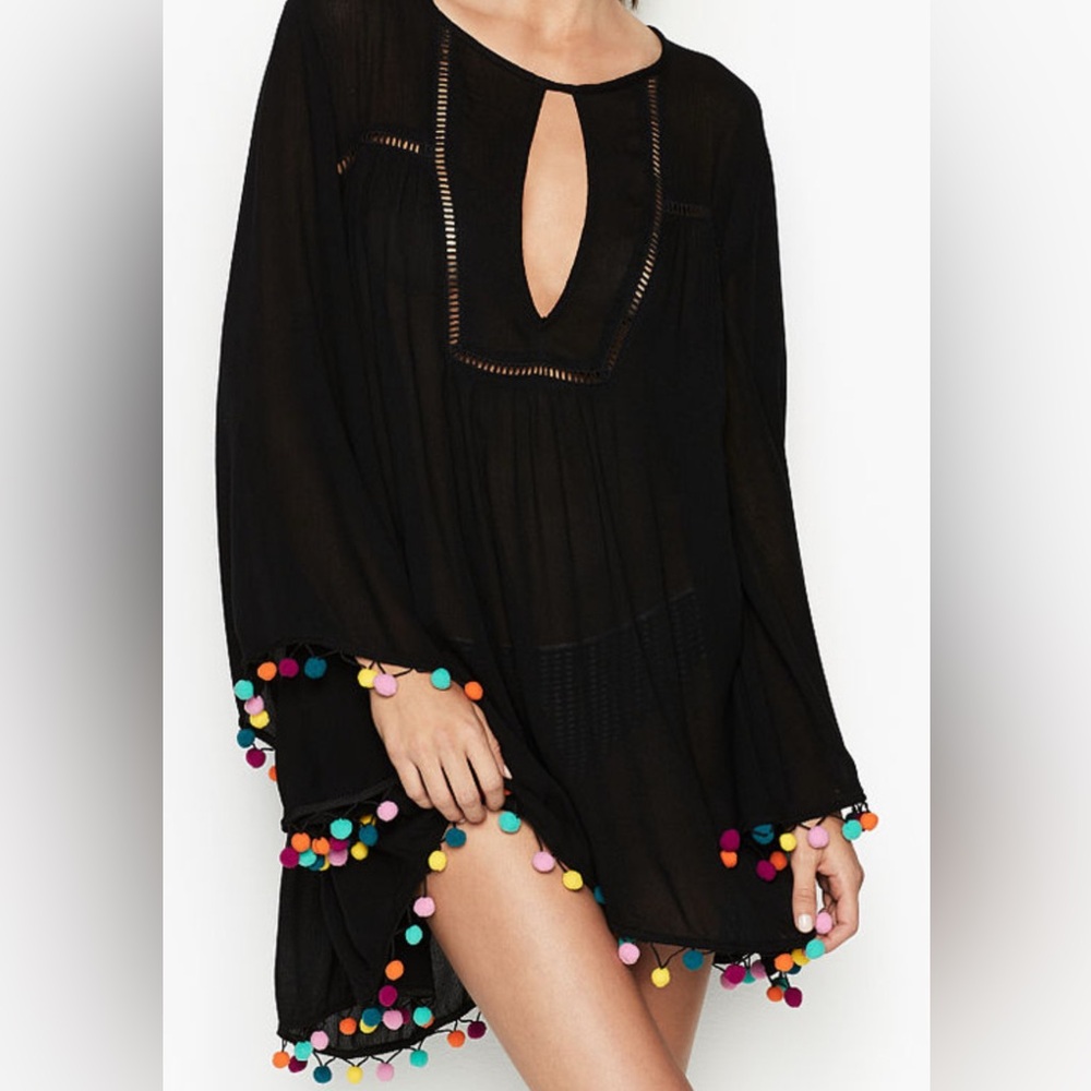 Nanette Lepore Black Swim Coverup with Pom-Pom Trim